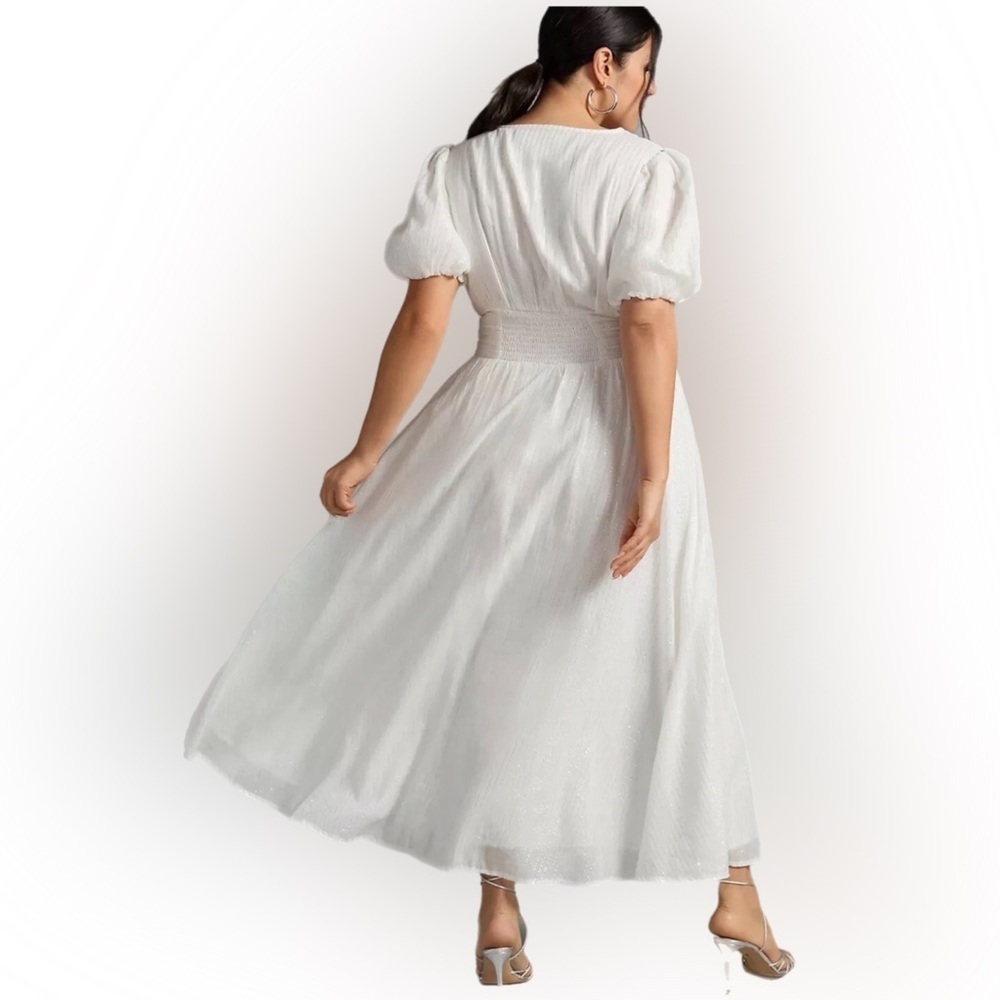 Anthropologie White Midi Puff-Sleeve Smocked Waist Dress